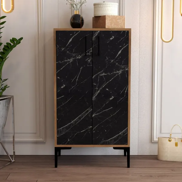 Skrinka na topánky / Botník Prag - Walnut, Black Marble