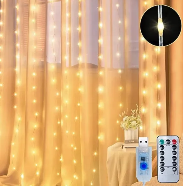 LEDsvetelnýzáves3x3m–300LED–teplábiela–USB–interiérovádekorácia300LED/3X3m
