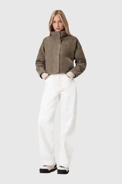Semišová bunda AllSaints béžová farba, prechodná, W092LD