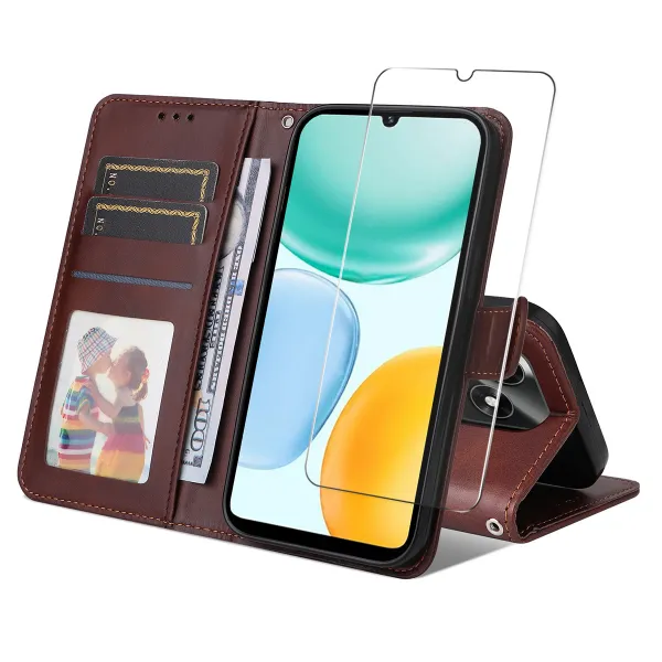 ENKAY PREMIUM SET Peňaženkové puzdro a ochranné sklo Honor X5c Plus hnedé