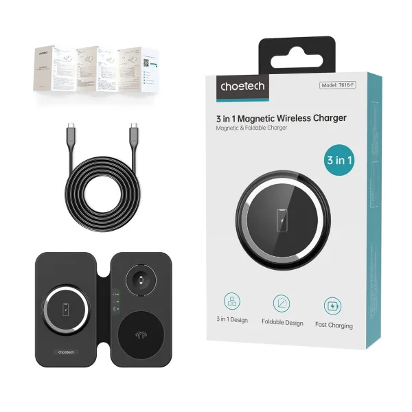 CHOETECH T616-F Bezdrôtová nabíjačka 3v1 pre Apple / Samsung čierna