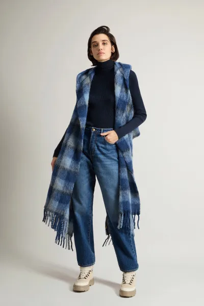 Šál Woolrich Hooded Wool Cape Scarf Blue Check