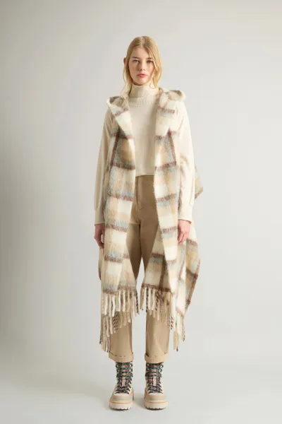 Šál Woolrich Hooded Wool Cape Scarf Cream Check