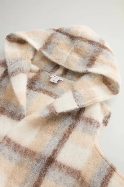 Šál Woolrich Hooded Wool Cape Scarf Cream Check