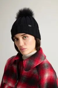 Čapica Woolrich Beanie Cashmere Pom Pom Black