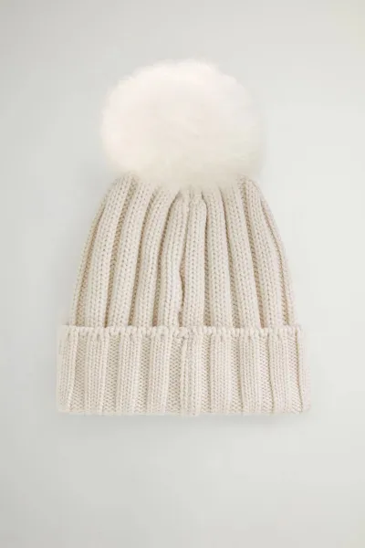 Čapica Woolrich Beanie Cashmere Pom Pom Milky Cream