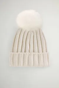 Čapica Woolrich Beanie Cashmere Pom Pom Milky Cream