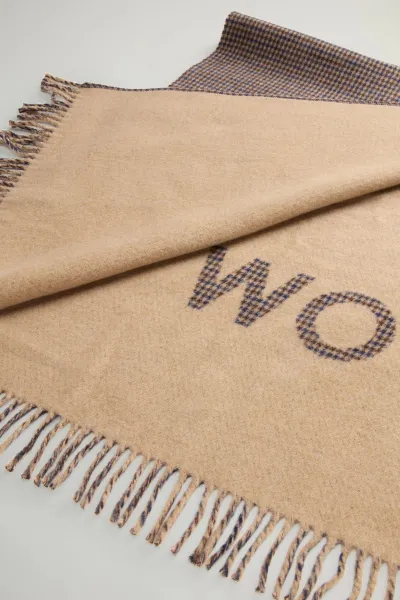 Pončo Woolrich Plaid Logo Cape Beige Pied De Poule