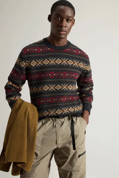 Sveter Woolrich Merinos Fairisle Crewneck Charcoal Rust
