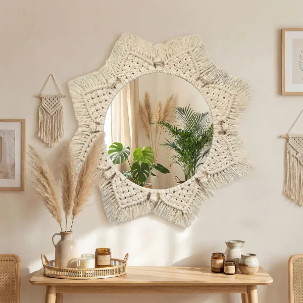Tutumi Okrúhle nástenné zrkadlo BOHO 55 cm béžové