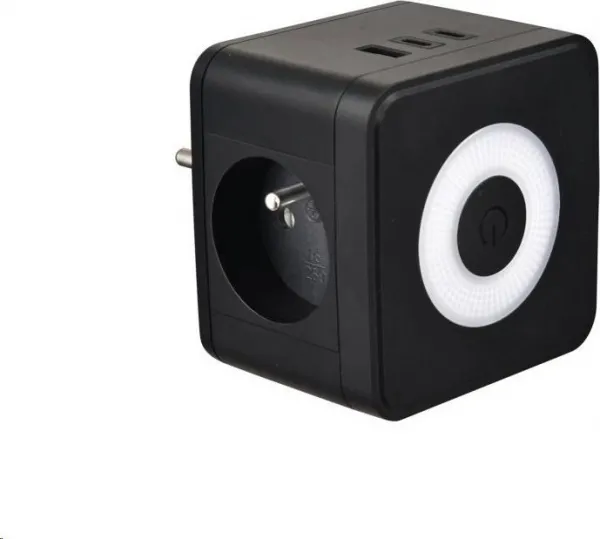 Viking síťový adaptér Y23L, 2x 230 V, 1x USB-A, 2x USB-C, dotykové světlo, černá