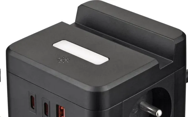 Viking síťový adaptér YC23H, 2x 230 V, 1x USB-A, 2x USB-C, dotykové světlo, funkce stojánku, černá