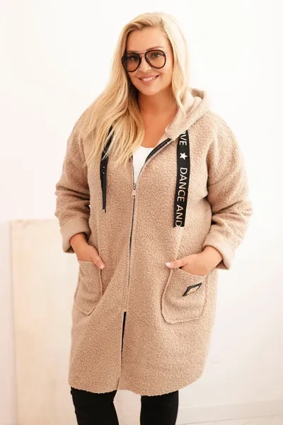 Legínovo Dámsky kabát Plus Size z umelého barana s kapucňou a vreckami v ťavej farbe Farba: Modrá, Veľkosť: UNI