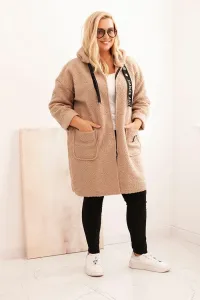 Legínovo Dámsky kabát Plus Size z umelého barana s kapucňou a vreckami v ťavej farbe Farba: Modrá, Veľkosť: UNI