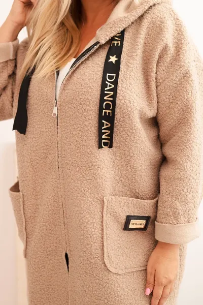Legínovo Dámsky kabát Plus Size z umelého barana s kapucňou a vreckami v ťavej farbe Farba: Modrá, Veľkosť: UNI