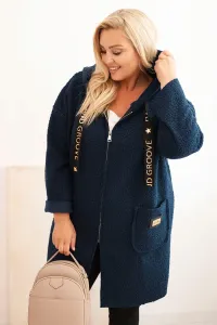 Legínovo Dámsky kabát Plus Size z umelého barana s kapucňou a vreckami v ťavej farbe Farba: Modrá, Veľkosť: UNI
