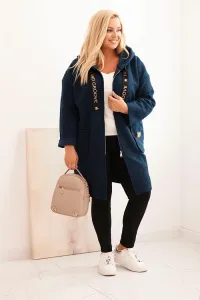 Legínovo Dámsky kabát Plus Size z umelého barana s kapucňou a vreckami v ťavej farbe Farba: Modrá, Veľkosť: UNI