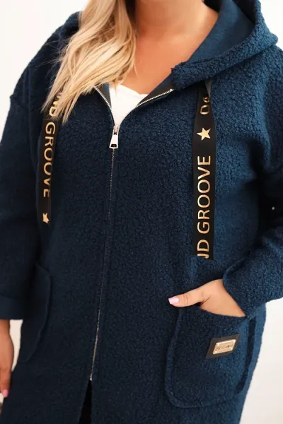 Legínovo Dámsky kabát Plus Size z umelého barana s kapucňou a vreckami v ťavej farbe Farba: Modrá, Veľkosť: UNI