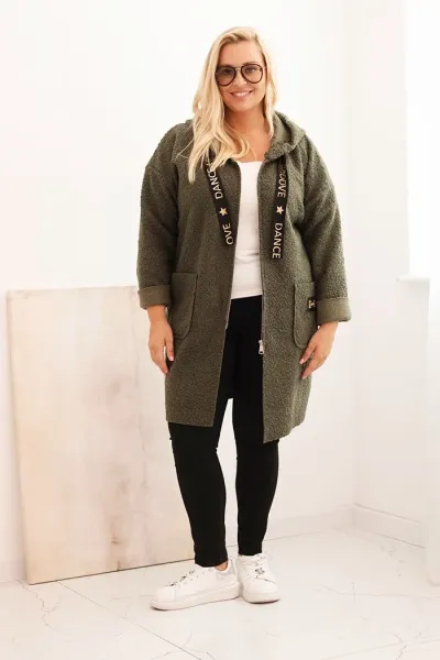 Legínovo Dámsky kabát Plus Size z umelého barana s kapucňou a vreckami v ťavej farbe Farba: Modrá, Veľkosť: UNI