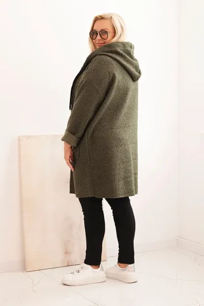 Legínovo Dámsky kabát Plus Size z umelého barana s kapucňou a vreckami v ťavej farbe Farba: Modrá, Veľkosť: UNI