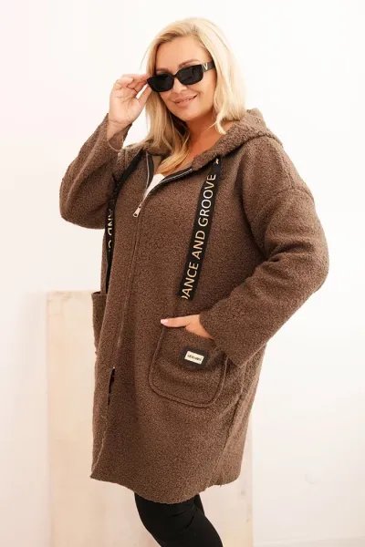 Legínovo Dámsky kabát Plus Size z umelého barana s kapucňou a vreckami v ťavej farbe Farba: Modrá, Veľkosť: UNI