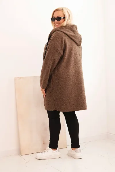Legínovo Dámsky kabát Plus Size z umelého barana s kapucňou a vreckami v ťavej farbe Farba: Modrá, Veľkosť: UNI