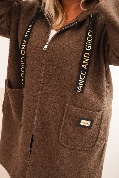 Legínovo Dámsky kabát Plus Size z umelého barana s kapucňou a vreckami v ťavej farbe Farba: Modrá, Veľkosť: UNI