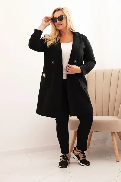 Legínovo Elegantný dámsky kabát Plus Size s golierom a veľkými vreckami béžový Farba: Čokoláda, Veľkosť: UNI