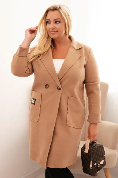 Legínovo Elegantný dámsky kabát Plus Size s golierom a veľkými vreckami béžový Farba: Čokoláda, Veľkosť: UNI