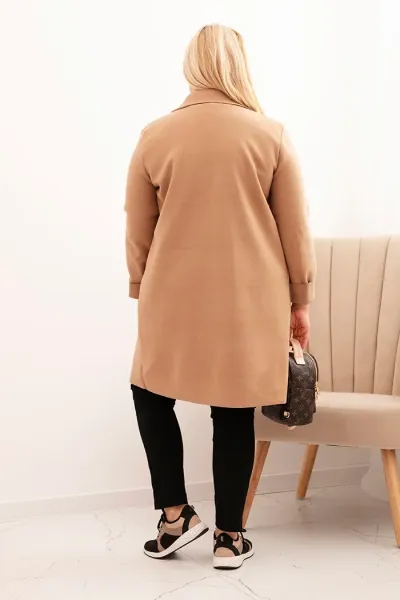 Legínovo Elegantný dámsky kabát Plus Size s golierom a veľkými vreckami béžový Farba: Čokoláda, Veľkosť: UNI