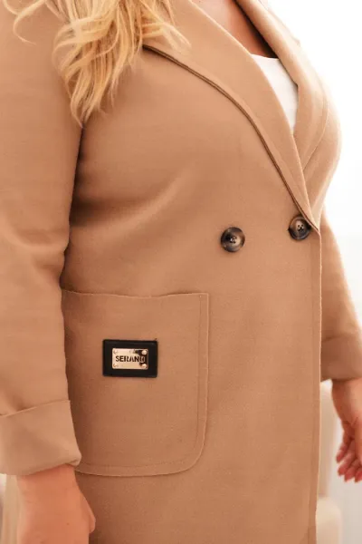 Legínovo Elegantný dámsky kabát Plus Size s golierom a veľkými vreckami béžový Farba: Čokoláda, Veľkosť: UNI