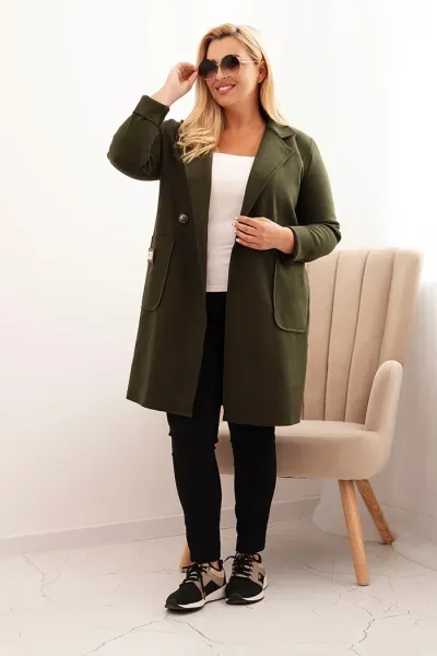 Legínovo Elegantný dámsky kabát Plus Size s golierom a veľkými vreckami béžový Farba: Čokoláda, Veľkosť: UNI