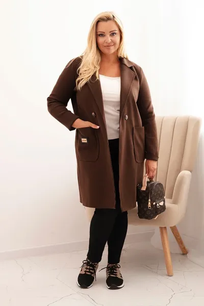 Legínovo Elegantný dámsky kabát Plus Size s golierom a veľkými vreckami béžový Farba: Čokoláda, Veľkosť: UNI