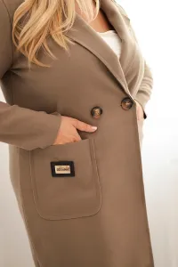Legínovo Elegantný dámsky kabát Plus Size s golierom a veľkými vreckami béžový Farba: Čokoláda, Veľkosť: UNI