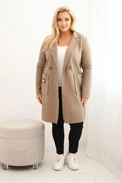 Legínovo Elegantný dámsky kabát Plus Size s golierom a veľkými vreckami béžový Farba: Čokoláda, Veľkosť: UNI
