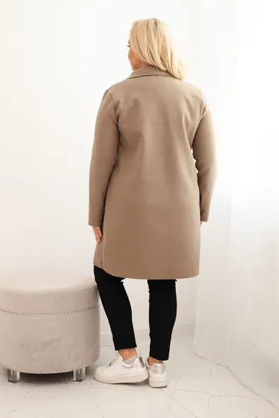 Legínovo Elegantný dámsky kabát Plus Size s golierom a veľkými vreckami béžový Farba: Čokoláda, Veľkosť: UNI