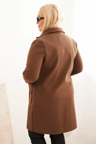 Legínovo Elegantný dámsky kabát Plus Size s golierom a veľkými vreckami béžový Farba: Čokoláda, Veľkosť: UNI