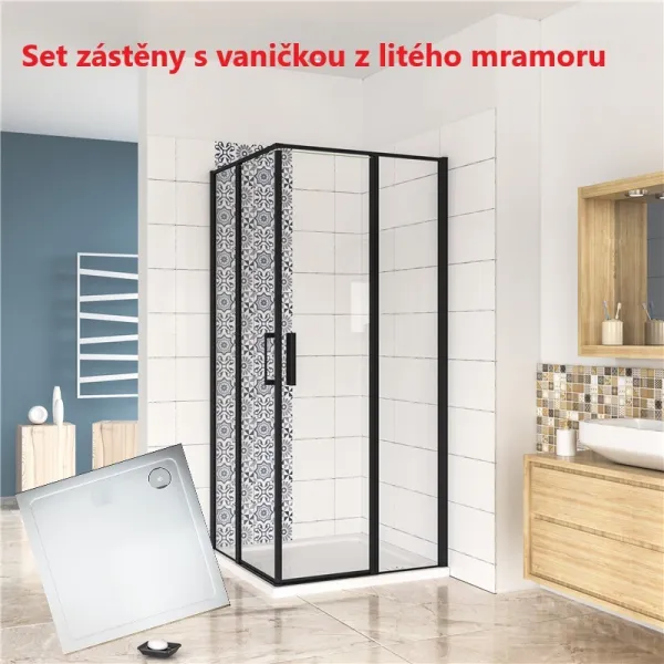 H K - Štvorcový sprchovací kút BLACK SAFIR R101, 100x100, s dvomi jednokrídlovými dverami s pevnou stenou, rohový vstup vrátane sprchovej vaničky z liateho mramoru SE-BLACKSAFIRR101 / THOR-100sq