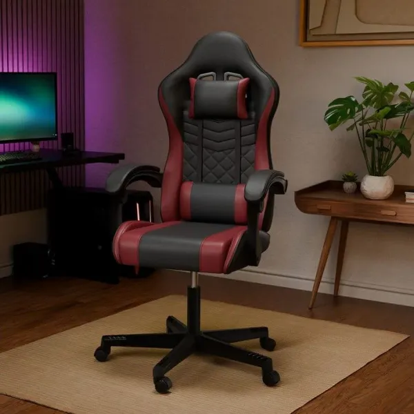 Ergonomická herná stolička, čierna/červená, vankúšiky,