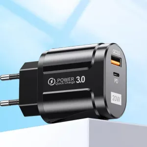 Techsuit Premium Nástenná nabíjačka CHPD038, USB-A, USB-C, QC 3.0, 20W, čierna
