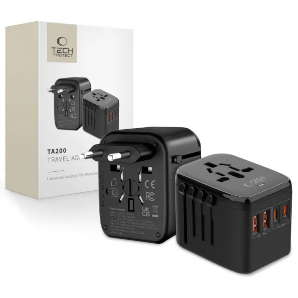 TECH-PROTECT TA200 Univerzálny cestovný adaptér EU / UK / USA / AU čierny