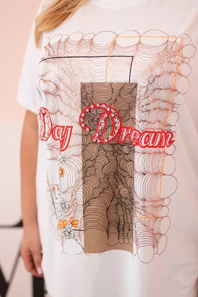 Legínovo Dámska bavlnená blúzka Plus Size s potlačou Day Dream biela + ťavia Farba: Biela, Veľkosť: UNI
