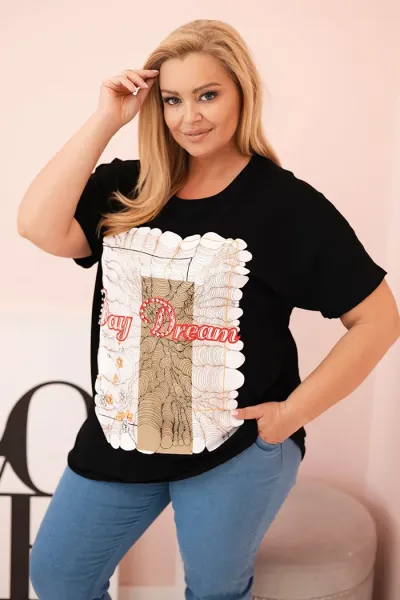 Legínovo Dámska bavlnená blúzka Plus Size s potlačou Day Dream biela + ťavia Farba: Biela, Veľkosť: UNI
