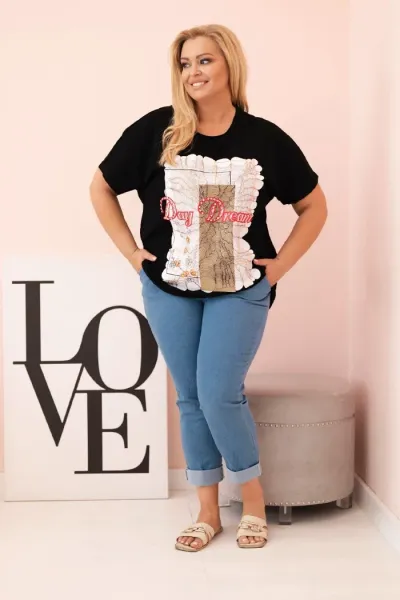 Legínovo Dámska bavlnená blúzka Plus Size s potlačou Day Dream biela + ťavia Farba: Biela, Veľkosť: UNI