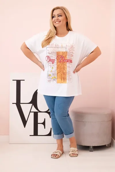 Legínovo Dámska bavlnená blúzka Plus Size s potlačou Day Dream biela + ťavia Farba: Biela, Veľkosť: UNI