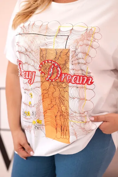 Legínovo Dámska bavlnená blúzka Plus Size s potlačou Day Dream biela + ťavia Farba: Biela, Veľkosť: UNI