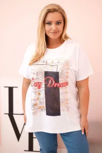 Legínovo Dámska bavlnená blúzka Plus Size s potlačou Day Dream biela + ťavia Farba: Biela, Veľkosť: UNI