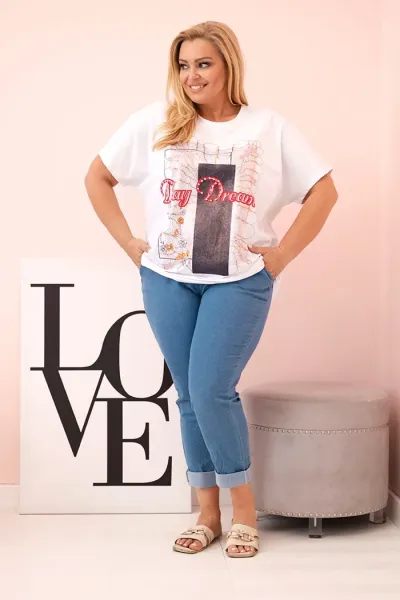 Legínovo Dámska bavlnená blúzka Plus Size s potlačou Day Dream biela + ťavia Farba: Biela, Veľkosť: UNI