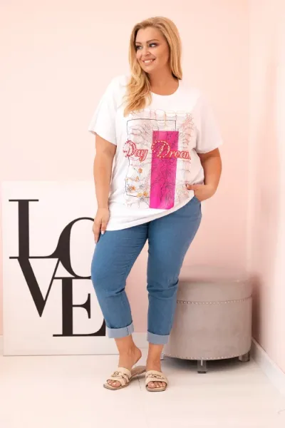 Legínovo Dámska bavlnená blúzka Plus Size s potlačou Day Dream biela + ťavia Farba: Biela, Veľkosť: UNI