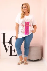 Legínovo Dámska bavlnená blúzka Plus Size s potlačou Day Dream biela + ťavia Farba: Biela, Veľkosť: UNI